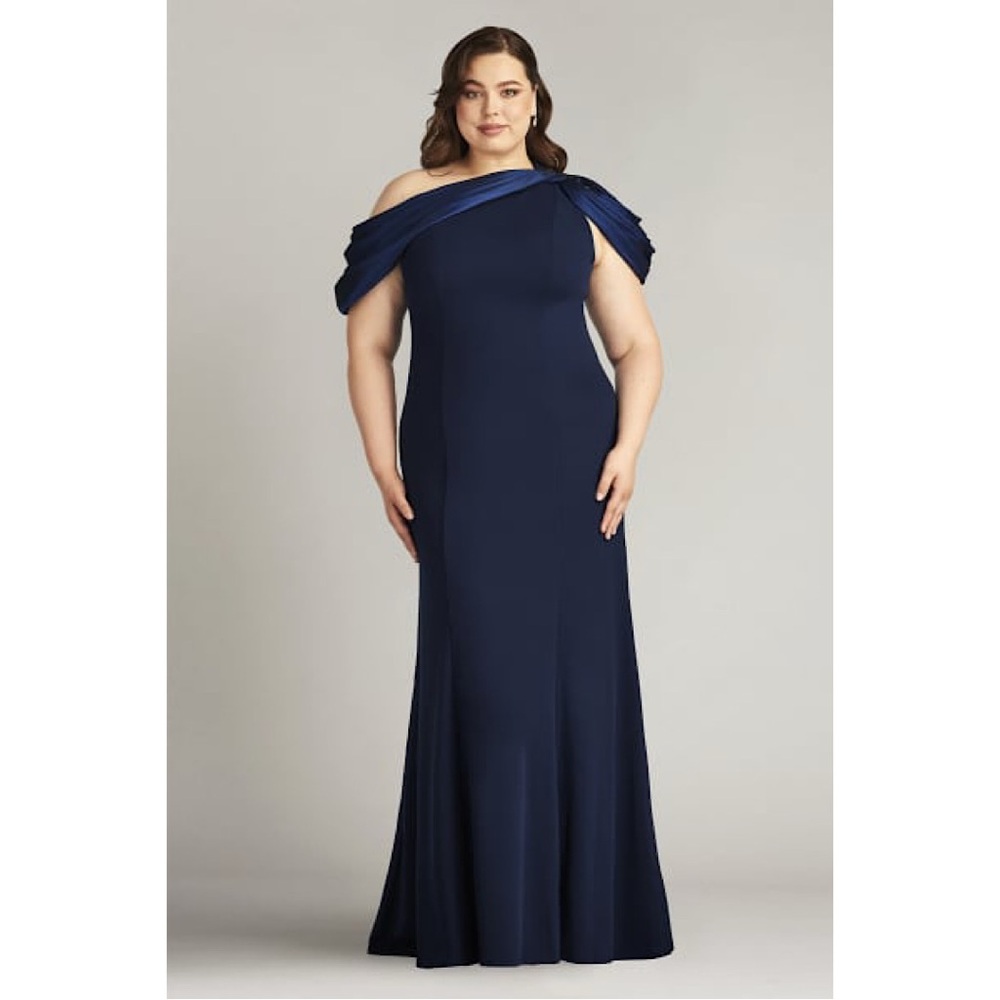 Tadashi Shoji CARLENE SHOULDER DRAPE GOWN Navy Blue 14